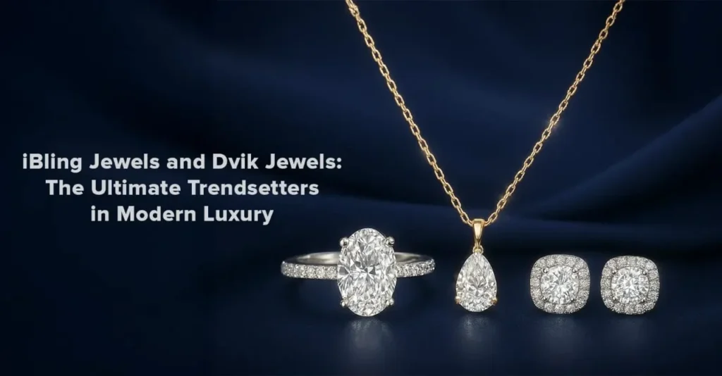 iBling Jewels and Dvik Jewels luxury diamond collection showcasing oval engagement ring, pear pendant, and cushion halo earrings