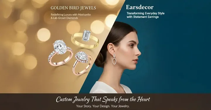 Golden Bird Jewels showcasing moissanite and lab-grown diamond rings and Earsdecor showcasing statement earrings