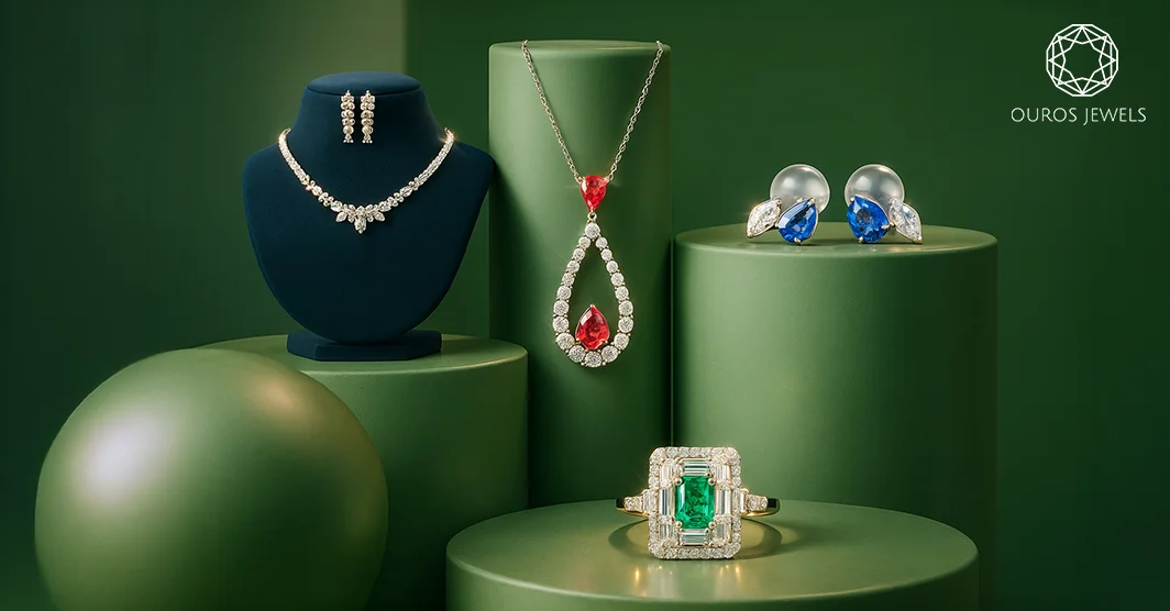 Luxury diamond jewelry by Ouros Jewels featuring diamond necklace, ruby pendant, sapphire earrings, and emerald-cut diamond ring.