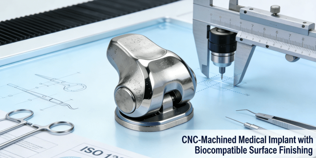 Close-up of a titanium knee implant machined via CNC, undergoing quality inspection with a CMM machine in a medical-grade cleanroom
