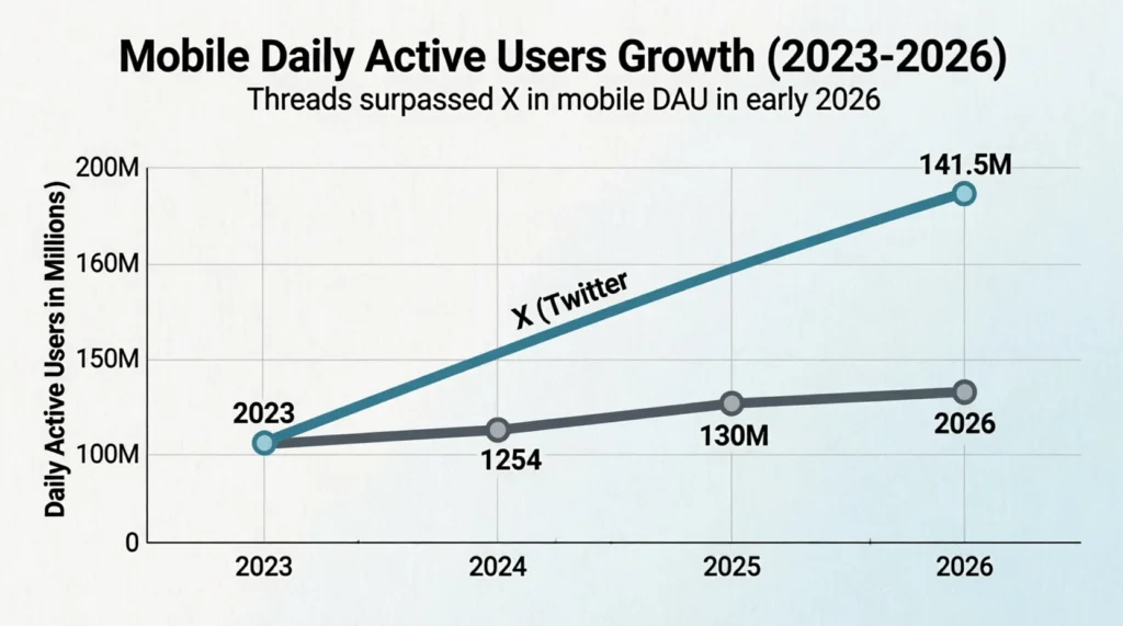 Mobile DAU comparison Threads (141.5M) vs X (125M) as of January 2026