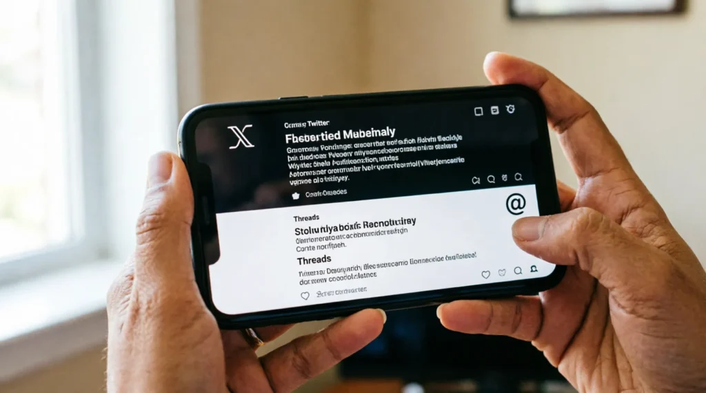 Smartphone split-screen showing X app (dark theme) and Threads app (light theme)